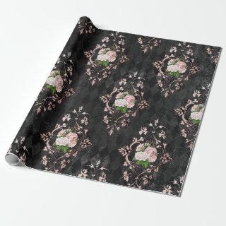 Vintage Blush Roses and Black Harlequin Pattern