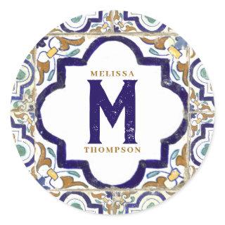 Vintage Botanical Ornamental Tiles Monogram  Classic Round Sticker