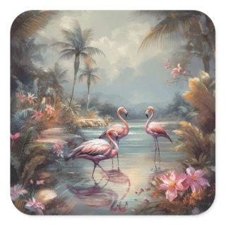 Vintage botanical painting flamingos and Flowers Square Sticker
