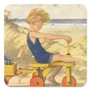 Vintage Boy Playing at the Beach with Sand Toys Square Sticker