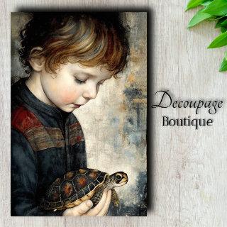 Vintage Boy with Turtle Portrait Decoupage Tissue Paper