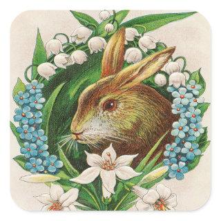 Vintage Bunny Floral Wreath Easter Greetings Square Sticker