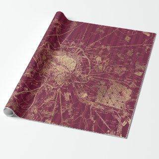 Vintage Burgundy Red and Gold Travel Map