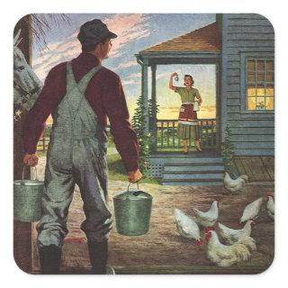 Vintage Business, Farm with Farmer and Chickens Square Sticker