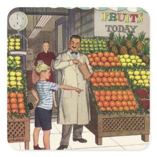 Vintage Business, Fruit Stand with Grocer and Boy Square Sticker