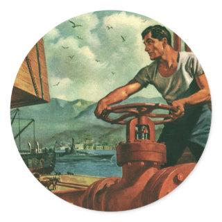 Vintage Business, Oil Tanker Ship with Dock Worker Classic Round Sticker