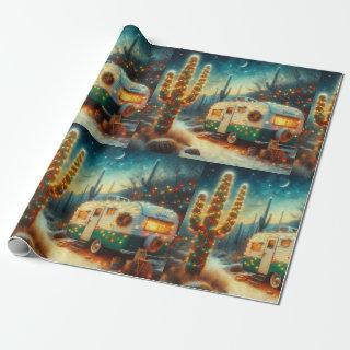 Vintage Camper Christmas in Desert Saguaro Cactus