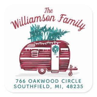 Vintage Camper Christmas Tree Monogram Address Square Sticker