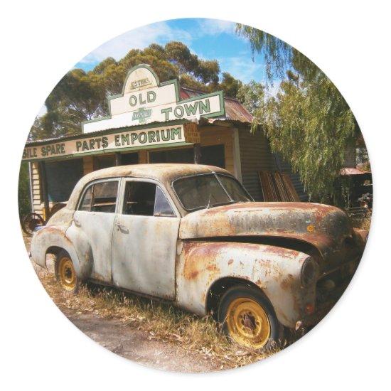 Vintage Car And Garage, Round Stickers