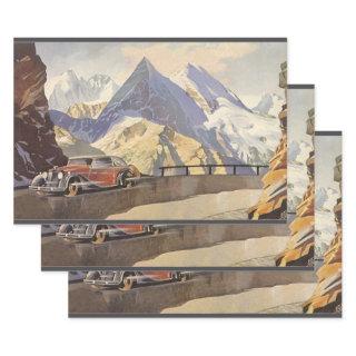 Vintage Car on Mountain Road in Winter with Snow  Sheets