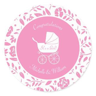 Vintage Carriage Baby Shower Cute Pink Girl Classic Round Sticker