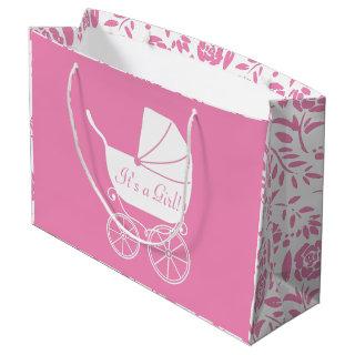 Vintage Carriage Baby Shower Cute Pink Girl Large Gift Bag