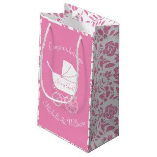 Vintage Carriage Baby Shower Cute Pink Girl Small Gift Bag