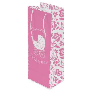 Vintage Carriage Baby Shower Cute Pink Girl Wine Gift Bag