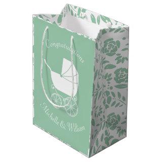 Vintage Carriage Baby Shower Green Gender Neutral Medium Gift Bag