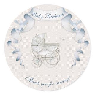 Vintage Carriage Ivory Blue Gingham Classic Round Sticker