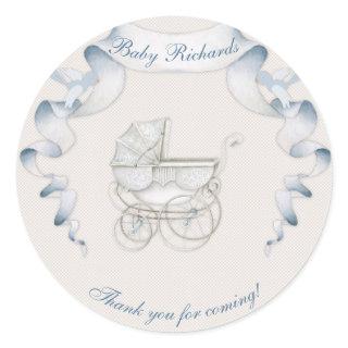 Vintage Carriage Ivory Blue Gingham Classic Round Sticker