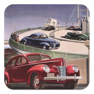 Vintage Cars, Classic Sedans Road Trip on Freeway Square Sticker
