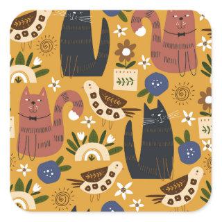 Vintage Cats and Birds, Hand Drawn. Square Sticker