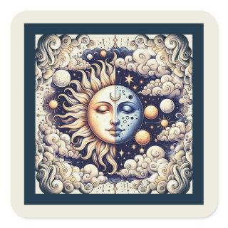 Vintage Celestial Half Sun & Moon Blue Yellow Square Sticker
