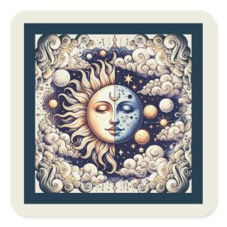 Vintage Celestial Half Sun & Moon Blue Yellow Square Sticker