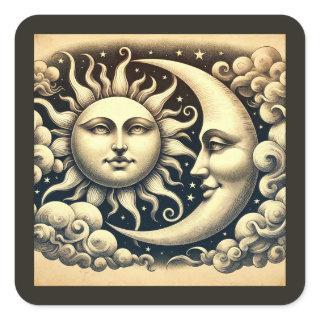 Vintage Celestial Sun & Moon Square Sticker