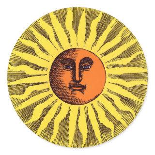 Vintage Celestial Yellow Smiling Happy Hippie Sun Classic Round Sticker