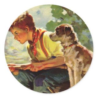 Vintage Child, Boy Fishing with His Pet Dog Mutt Classic Round Sticker