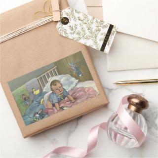 Vintage Child, Cute Baby Playing in Crib, Nap Time Rectangular Sticker