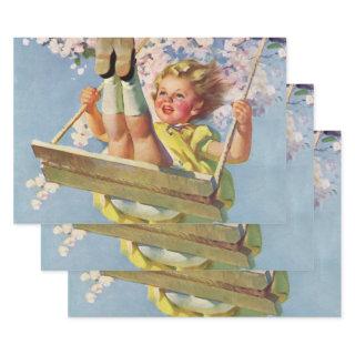 Vintage Child, Girl Swinging on a Tree Swing Play  Sheets