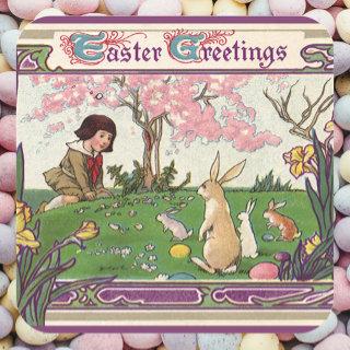 Vintage Child on an Easter Egg Hunt with Animals Square Sticker