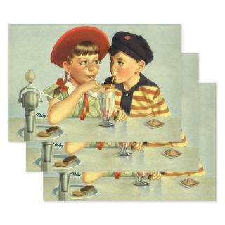 Vintage Children, Boy and Girl Sharing a Shake  Sheets