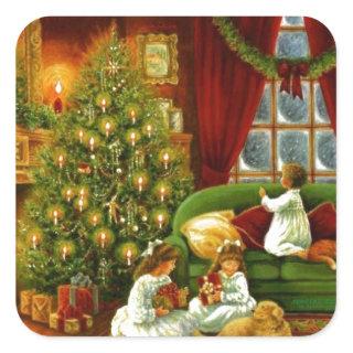 Vintage Children Opening Christmas Gifts Square Sticker