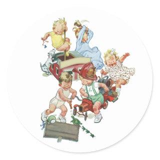 Vintage Children Toddlers Playing with Fire Trucks Classic Round Sticker