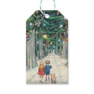 Vintage Children Walking Through Christmas Trees Gift Tags