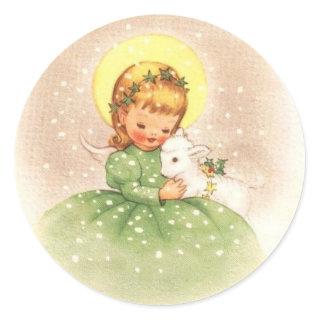 Vintage Christmas Angel Girl With Baby Lamb Classic Round Sticker
