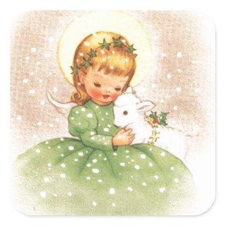 Vintage Christmas Angel Girl With Baby Lamb Square Sticker