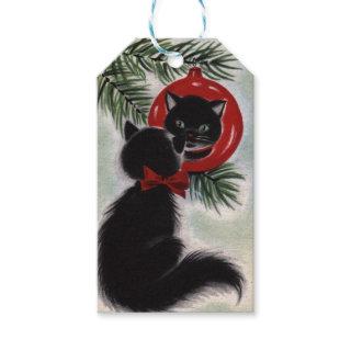 Vintage Christmas Black Cat Looking At Ornament Gift Tags