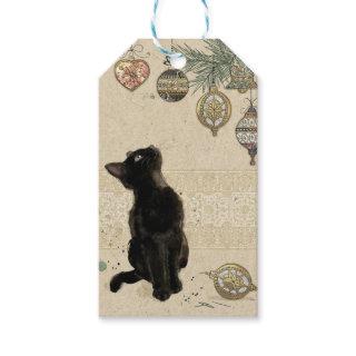Vintage Christmas Black Cat Looking At Ornaments Gift Tags