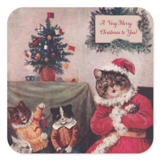 Vintage Christmas Cat Sticker, Louis Wain Cats Square Sticker