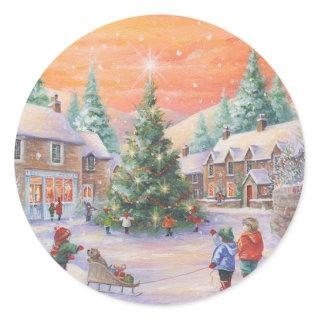 Vintage Christmas Children In The Snow Classic Round Sticker