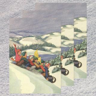 Vintage Christmas, Children Sledding on a Mountain  Sheets