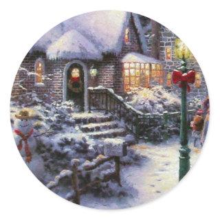 Vintage Christmas Cottage Snow Scene Classic Round Sticker