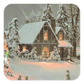 Vintage Christmas Cottage Square Sticker