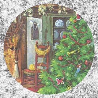 Vintage Christmas, Cozy Log Cabin with Fireplace Classic Round Sticker