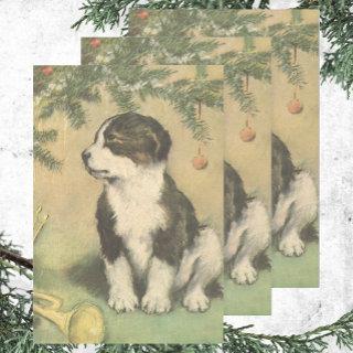 Vintage Christmas, Cute Puppy Under Christmas Tree  Sheets