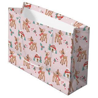 Vintage Christmas Deer and Mushroom Houses Pattern Large Gift Bag