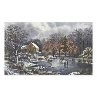 Vintage Christmas, Early Winter Skaters on a Pond Rectangular Sticker