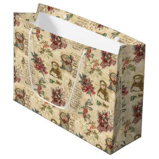Vintage Christmas Ephemera, Holly & Ornate Text Large Gift Bag