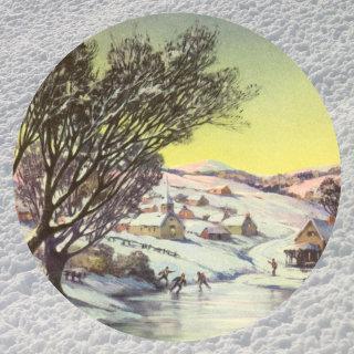 Vintage Christmas,  Frozen Lake with Ice Skaters Classic Round Sticker